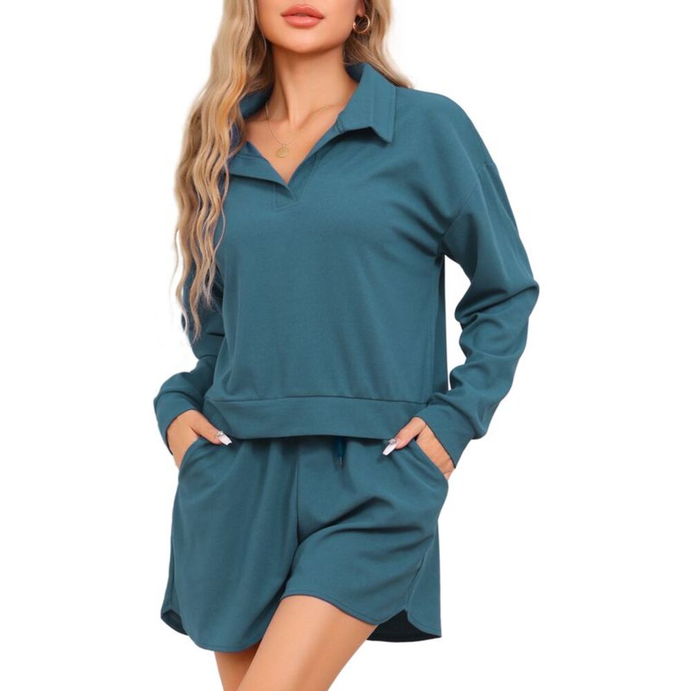 Waffle Knit Top and Shorts Long Sleeve Pajama Set with Pockets Dark Green